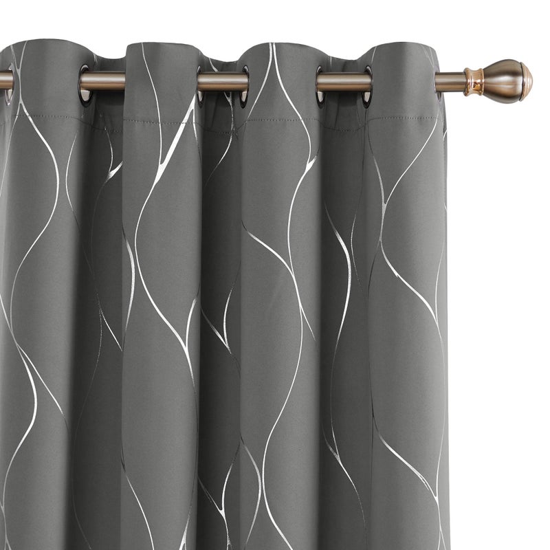 Deconovo Light Grey Blackout Curtains 2 Panel Set for Bedroom, Thermal Insulated Grommet Room Darkening Window Drapes for Living Room, Silver Line Foil Print, 52W x 96L Inch - Image 1